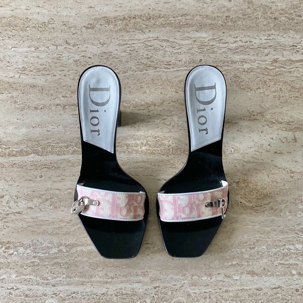 Vintage Dior Trotter Canvas Heart Lock Key Mule Sandals